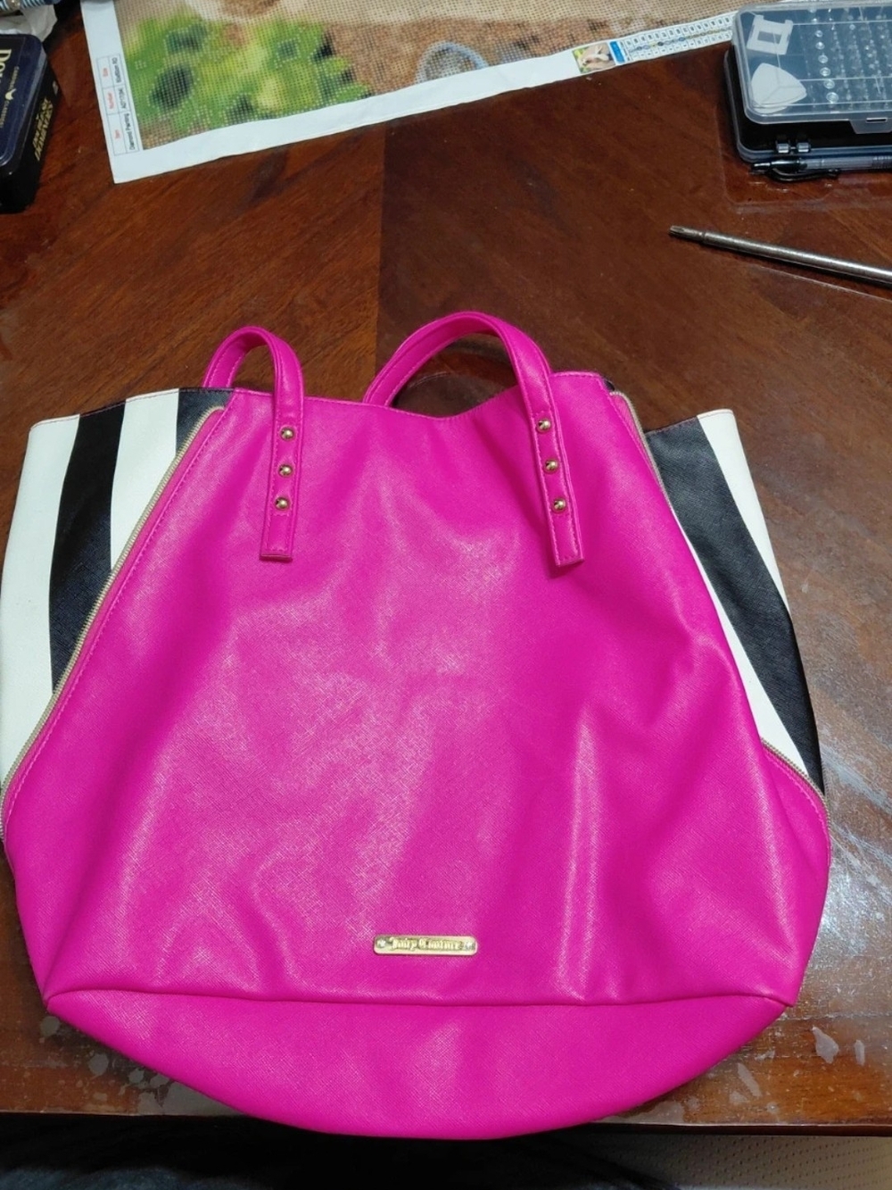 Juicy Couture Hot Pink Shoulder Bag with Black & White Stripes